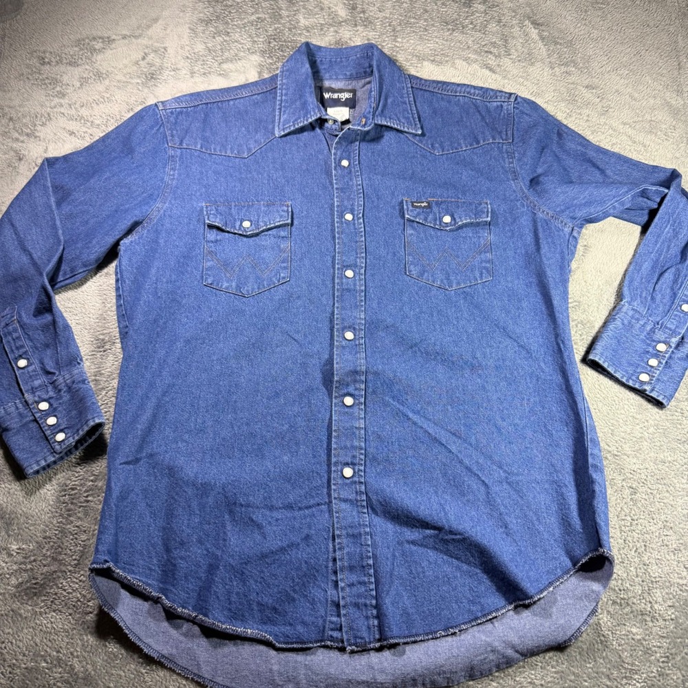 Wrangler Mens Western Denim Pearl Snap Shirt Blue‎ Long Sleeve MS70119 Large
